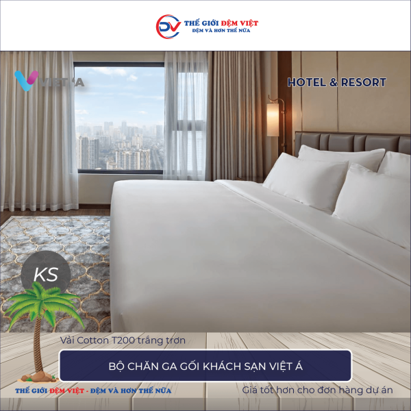 Bộ chăn ga gối khách sạn Việt Á Cotton T200 trắng trơn